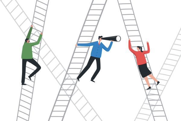 Career ladder. Grow with stairs. Developing potential, adapting, changing. Career challenges. Employees climb the ladder high to the sky.